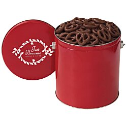 View a larger, more detailed picture of the Chocolate Mini Pretzel Tin - Solid - 1 Gallon