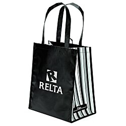 View a larger, more detailed picture of the Laminated PET Tote w Striped Gusset