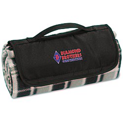 View a larger, more detailed picture of the Roll-Up Blanket Black Gray Plaid w Black Flap