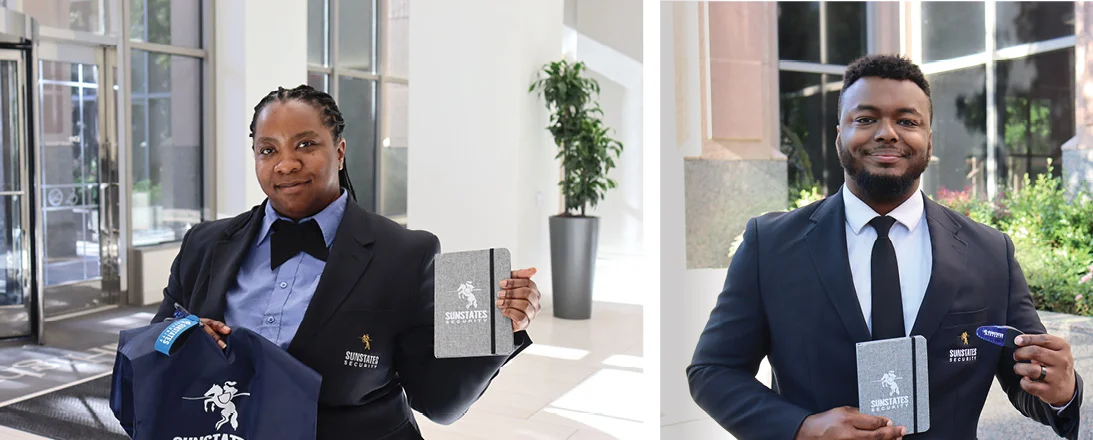 two people holding a variety of logoed giveaways