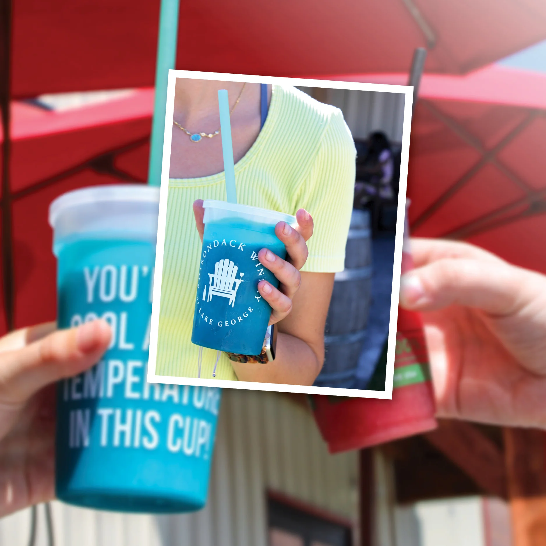 person showing off customer printed cups used at a winery