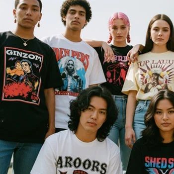 group of people wearing graphic t-shirts