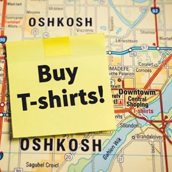 map of oshkosh with buy tshirts sticky note