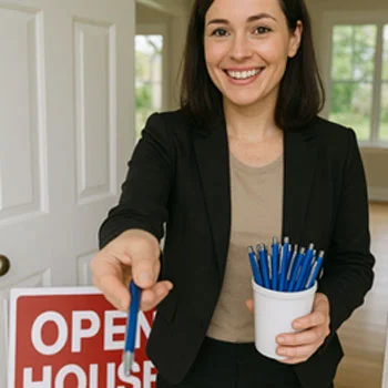 real estate agent handing out personalized pens