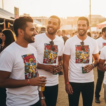 group of men wearing custom logoed tshirts