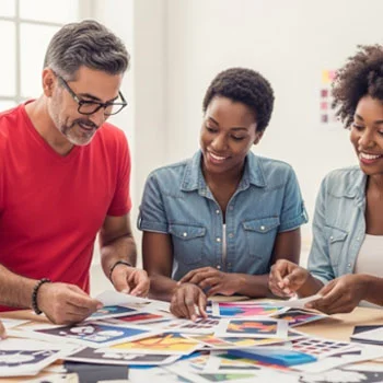 group of employees discussing images to print on graphic tees