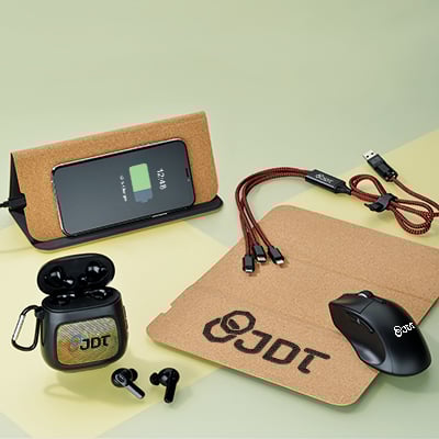 Promotional products that include wireless headphones, bluetooth speaker and usb charging cords