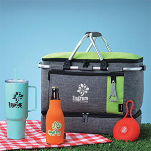 Koozie brand products that include a cooler, water bottle, bottle koozie and wireless speaker
