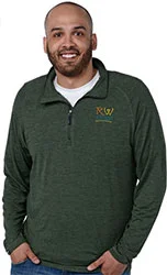 4imprint employee Zane wearing the Storm Creek Moss Quarter Zip Pullover