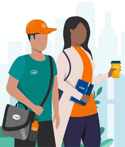 Clip art of person thinking about a product with a logo