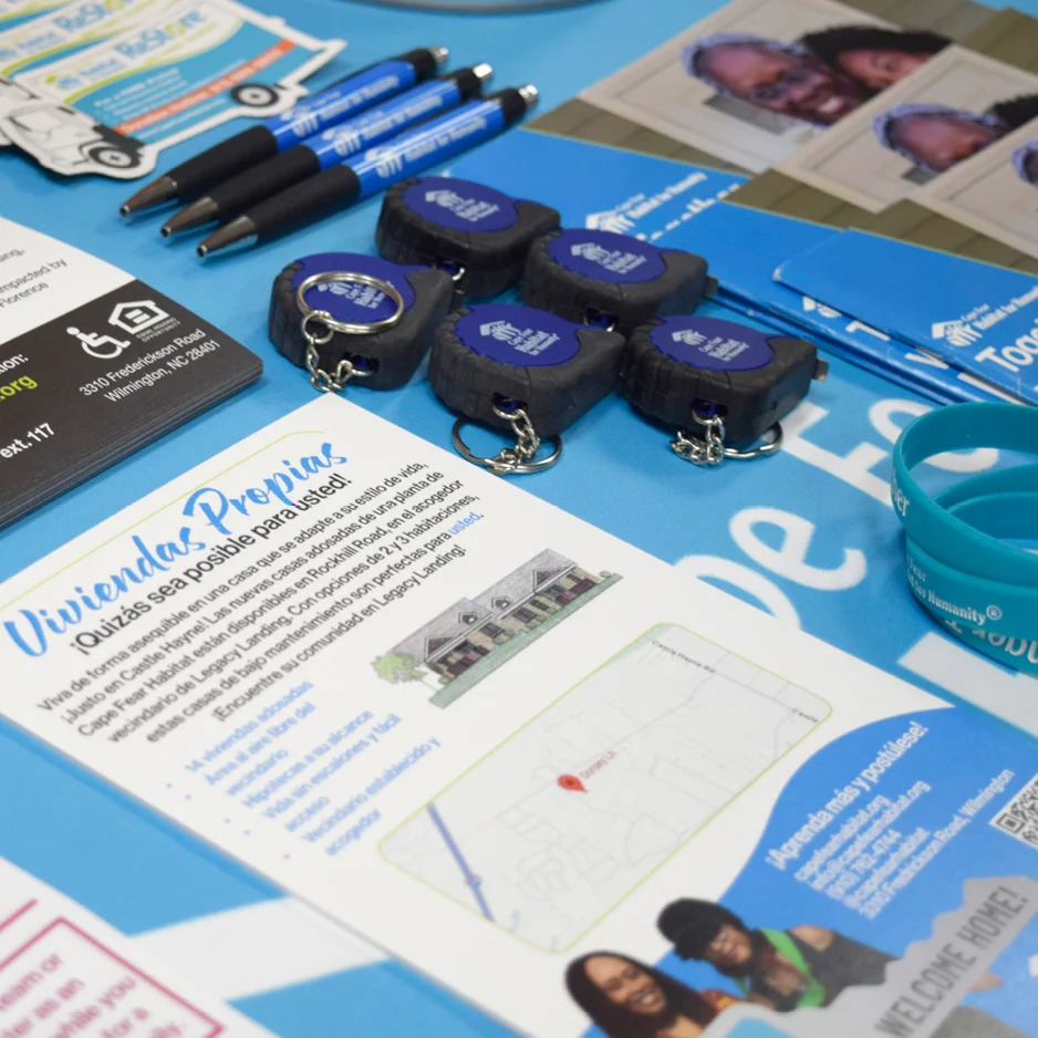 imprinted items and flyers on a table