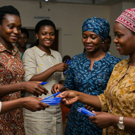 A group of women holding pens