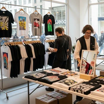printed t-shirt display in a store