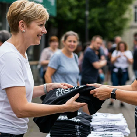 A person handing a black shirt to another person