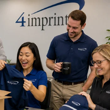 Group of employees receiving company swag