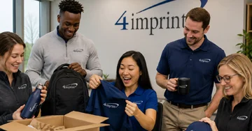 Group of employees receiving company swag