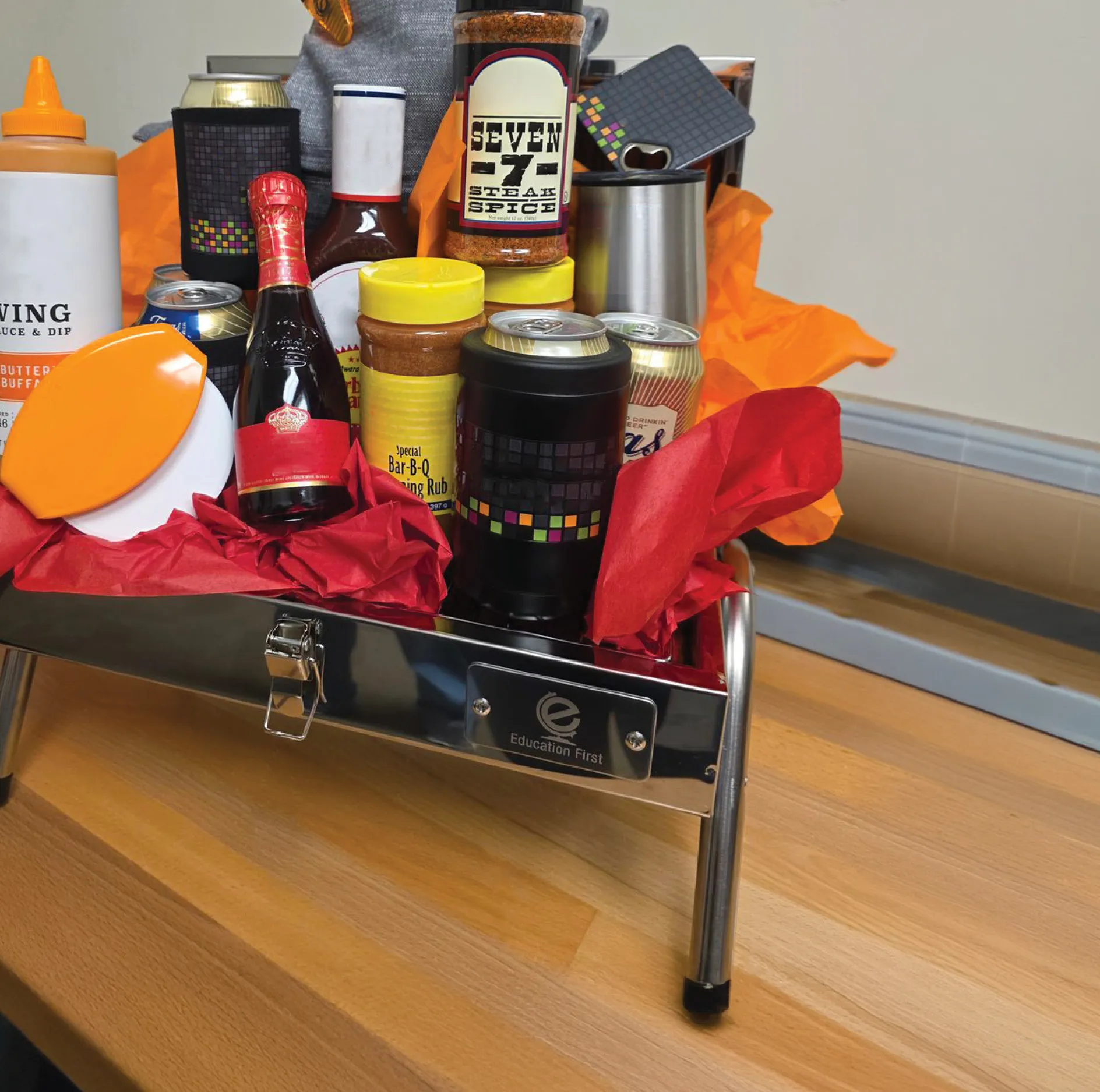 silent auction items including products for grilling