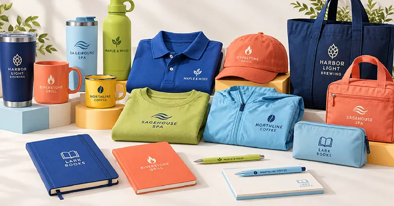 Arrangement of multiple branded items such as mugs, shirts, books, and bags