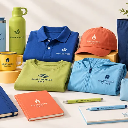 Arrangement of multiple branded items such as mugs, shirts, books, and bags