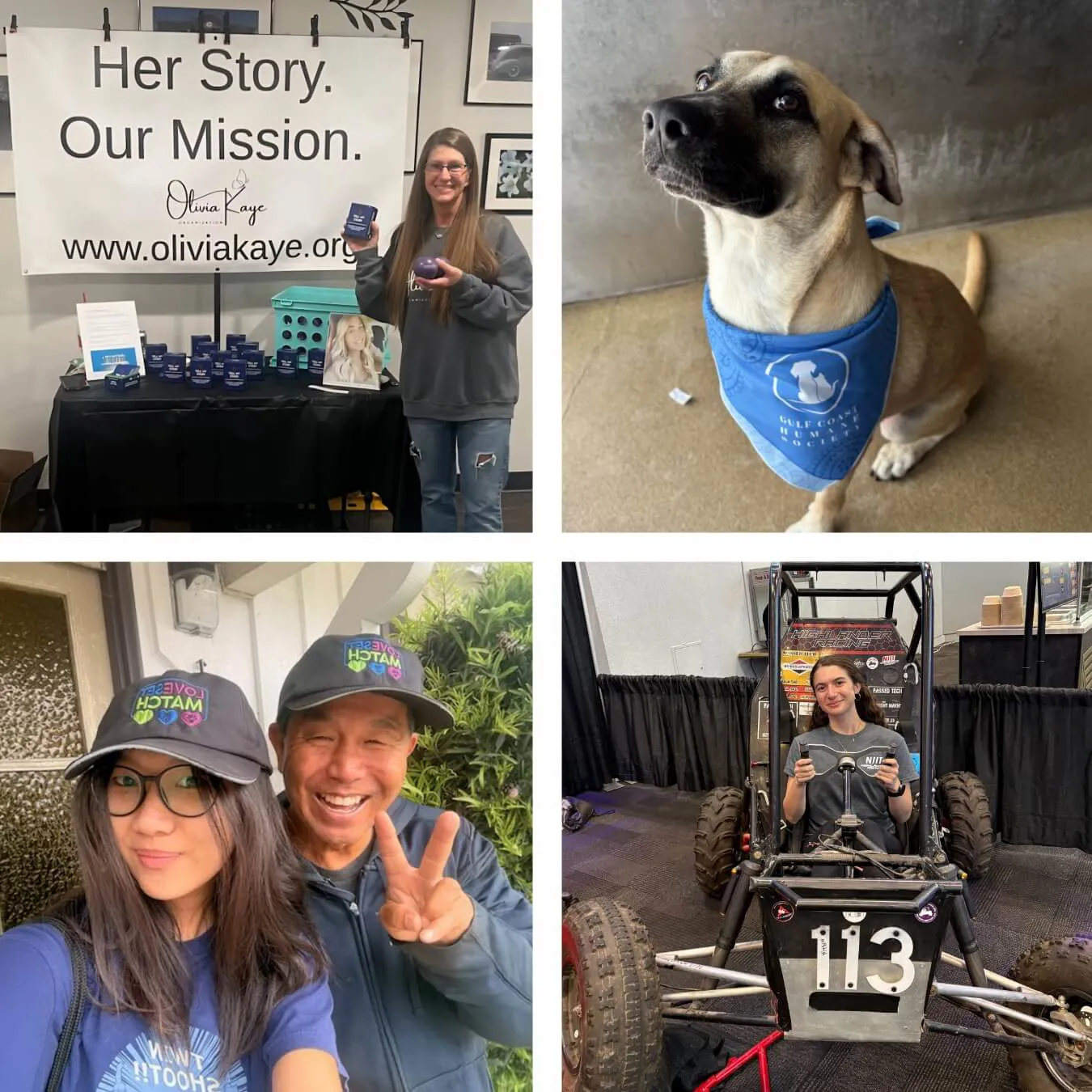 Photo collage showcasing two smiling people wearing matching caps, a dog sporting a bandana, a person in an off-road vehicle and a mom standing in fro