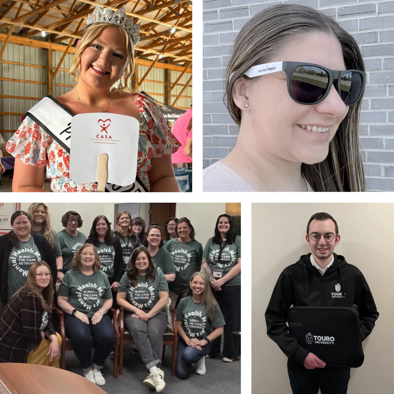 Photo collage of county fair queen holding a hand fan, person carrying a branded laptop sleeve, girl wearing sunglasses with a logo and small group dressed in matching branded T-shirts.