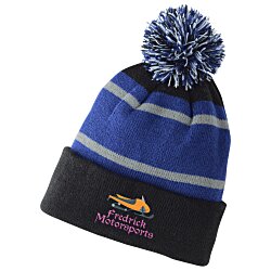 Tri-Tone Striped Pom Pom Cuff Beanie