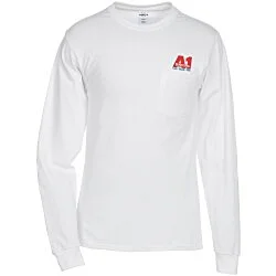 Hanes Authentic LS Pocket T-Shirt - Embroidered - White