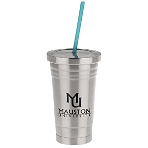 Stainless Steel Tumbler with Colored Straw - 16 oz. Main Image