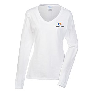 Team Favorite 4.5 oz. V-Neck Long Sleeve T-Shirt - Ladies' - White - Embroidered Main Image