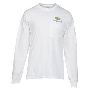 Soft Spun Cotton Long Sleeve Pocket T-Shirt - White - Embroidered Main Image