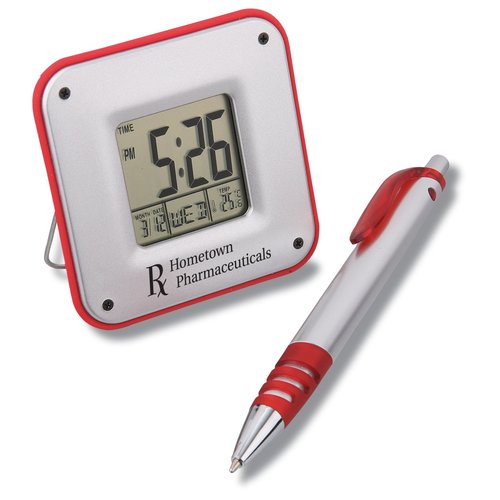 Sleek Silver Travel Alarm / BP Pen Set Main Image