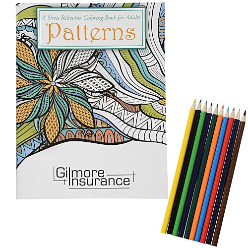 Stress Relieving Adult Coloring Book & Pencils - Patterns Main Image