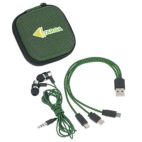 Textured 3-in-1 Charging Cable Set with Earbuds Main Image