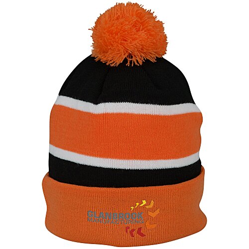 Striped Pom Pom Cuffed Beanie - 24 hr Main Image