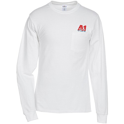Hanes Authentic LS Pocket T-Shirt - Embroidered - White Main Image