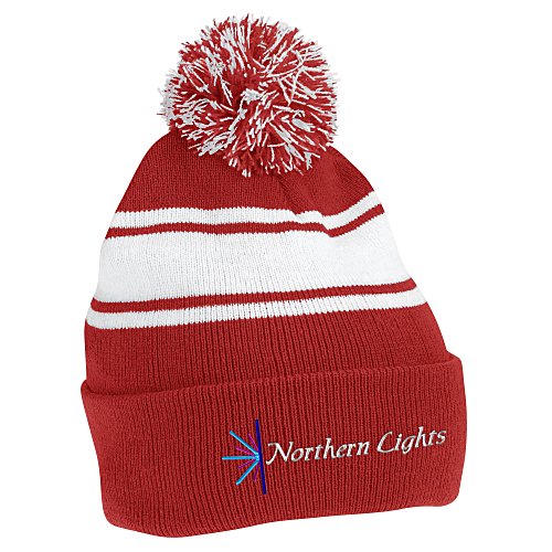 Pom Pom Cuff Beanie with Stripes - 24 hr Main Image