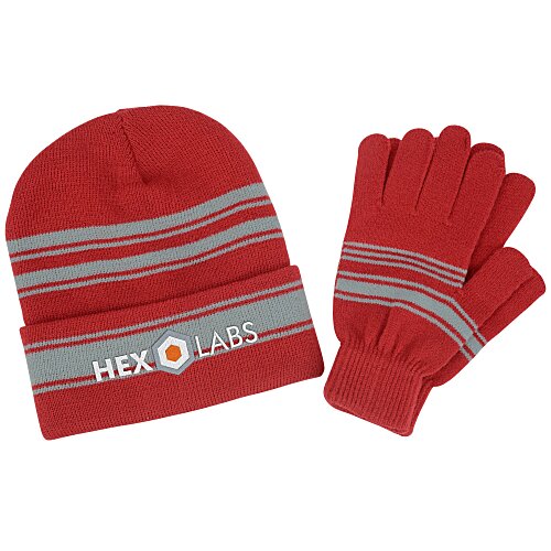 Striped Cuff Beanie and Glove Set Main Image