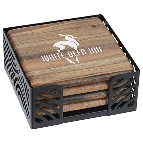 Acacia Wood 4-Piece Coaster Set in Metal Stand - Square Main Image