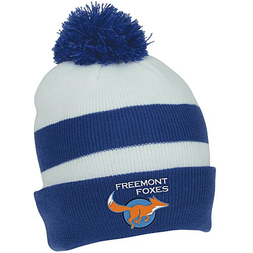 Two Tone Striped Pom Beanie with Cuff Main Image
