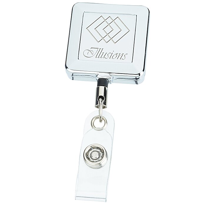Metal Retractable Badge Holder - Slip Clip - Square - Laser Engraved