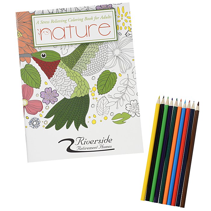 Stress Relieving Adult Coloring Book & Pencils - Nature  132537-N-SET