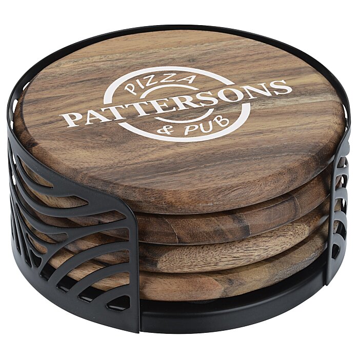  Acacia Wood 4-Piece Coaster Set in Metal Stand