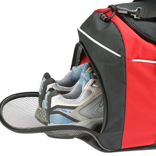 Additional Image 1 - a red and black bag with a black strap and white shoes inside