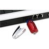 a red and black device with a white strip