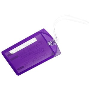 Additional Image 1 - a purple plastic tag with a white label