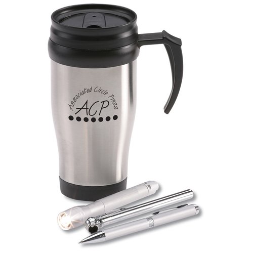 Additional Image 3 - a stainless steel coffee mug with a black handle