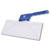 a white envelope with a blue handle