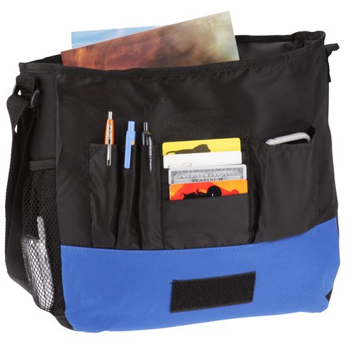 Additional Image 1 - a blue and black bag with a pocket full of papers and pens