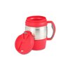 a red and silver coffee mug