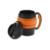 a black and orange mug with a handle